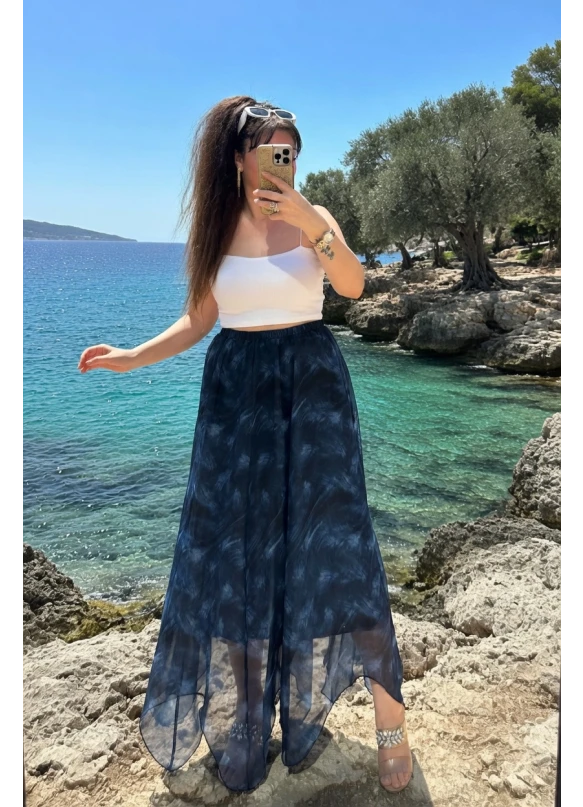 Eteği Çapraz Mavi Desen Şifon Etek