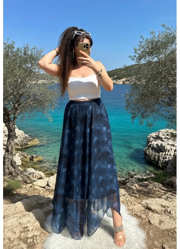 Eteği Çapraz Mavi Desen Şifon Etek