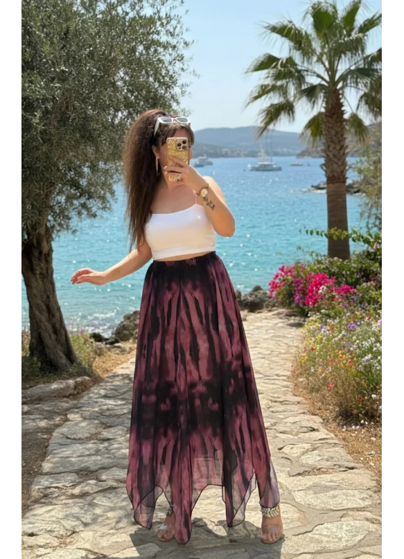 Eteği Çapraz Pembe Desen Şifon Etek