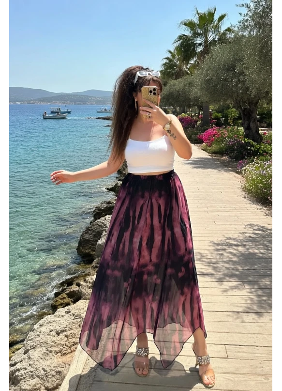 Eteği Çapraz Pembe Desen Şifon Etek