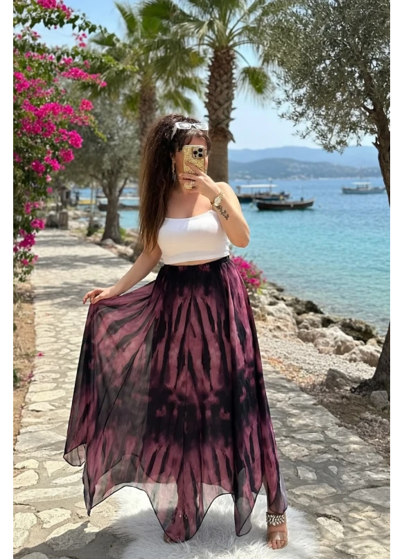 Eteği Çapraz Pembe Desen Şifon Etek