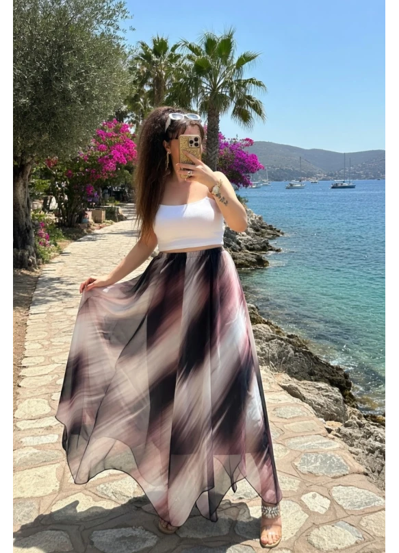 Eteği Çapraz Beyaz Desen Şifon Etek