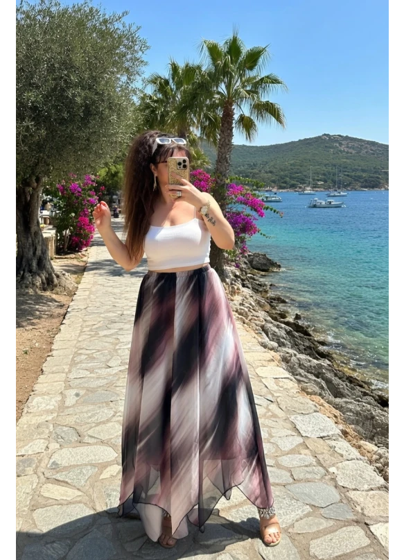 Eteği Çapraz Beyaz Desen Şifon Etek