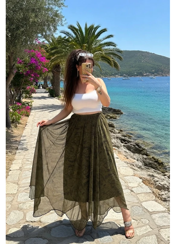 Yeşil Desen Tül Etek