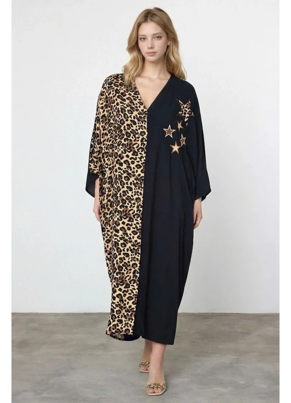 Leopar Nakış İşlemeli Maxi Boy Elbise