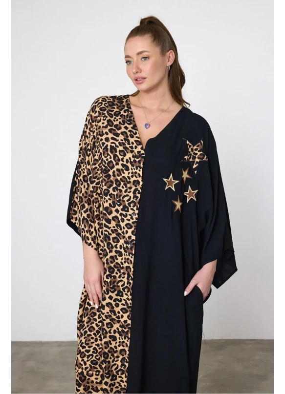 Leopar Nakış İşlemeli Maxi Boy Elbise