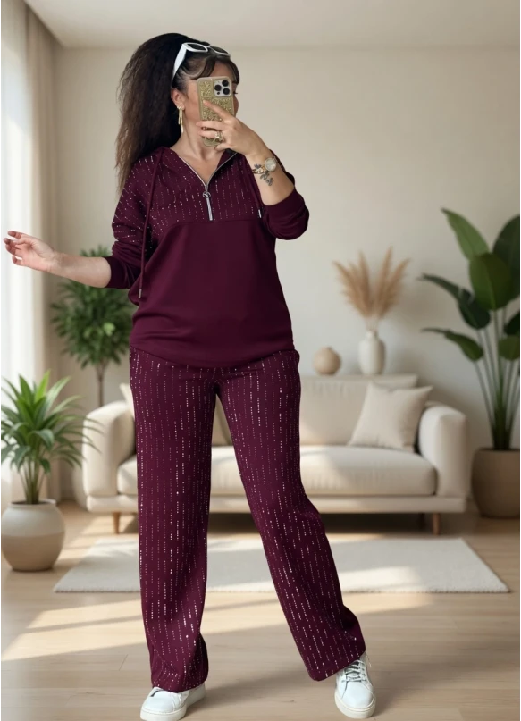Kapusonlu Taşlı Takım Bordo Büyük Beden