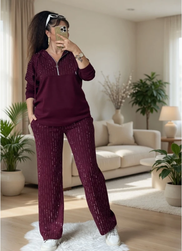Kapusonlu Taşlı Takım Bordo Büyük Beden