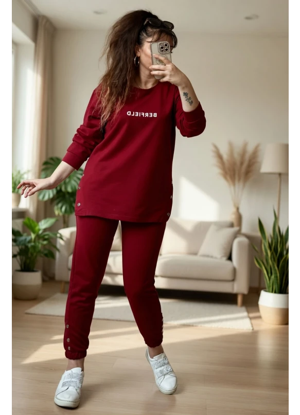 Uzun Kol Yan Çıtçıtlı Bordo Takım