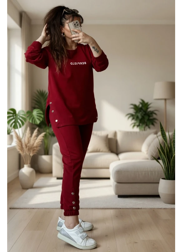 Uzun Kol Yan Çıtçıtlı Bordo Takım