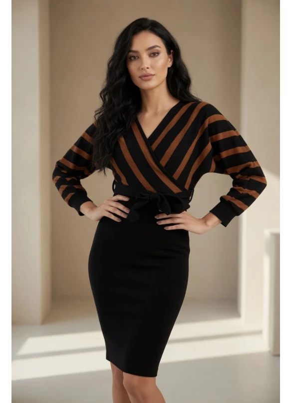 Üst Çizgili Alt Siyah Triko Elbise -KAHVE
