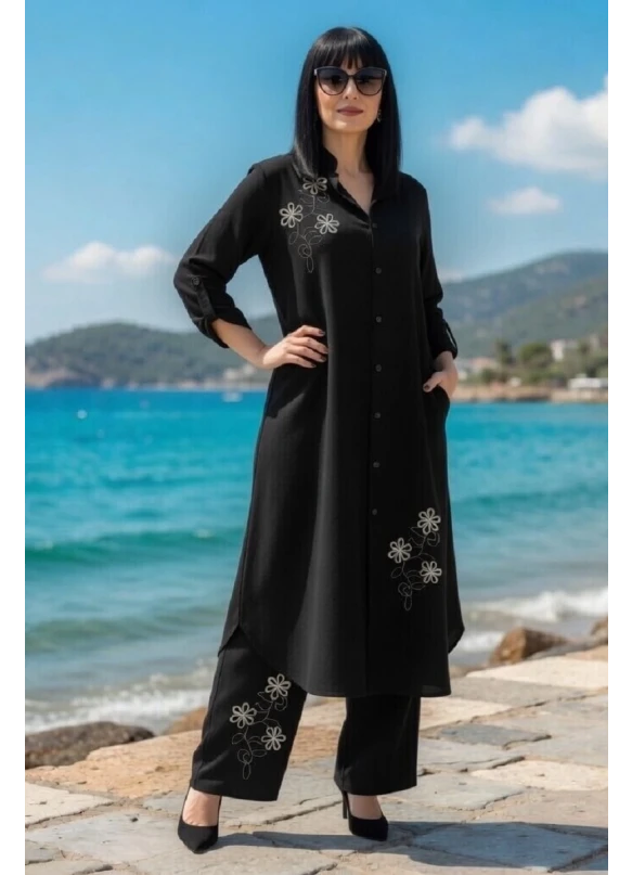 Papatya Nakışlı Takım Siyah
