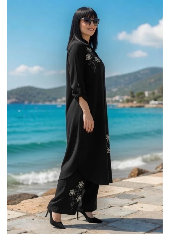 Papatya Nakışlı Takım Siyah