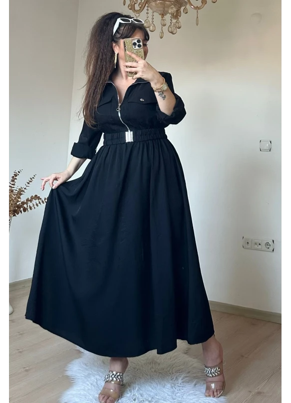 Yaka Cepli Spor Elbıse Siyah