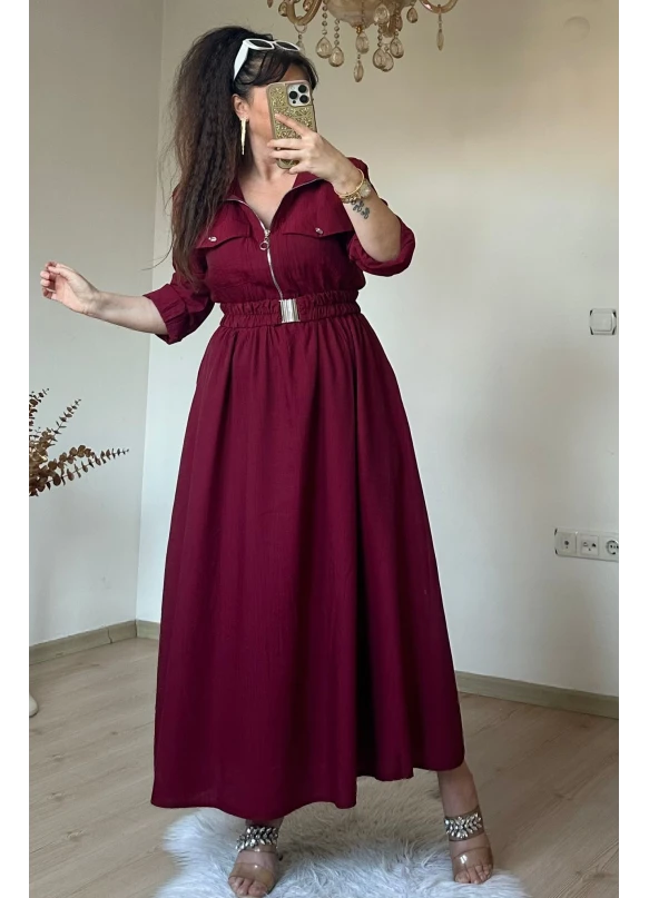 Yaka Cepli Spor Elbıse Bordo