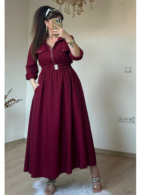 Yaka Cepli Spor Elbıse Bordo