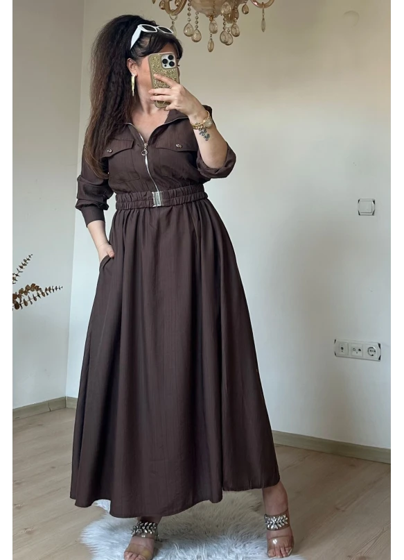 Yaka Cepli Spor Elbıse Kahve