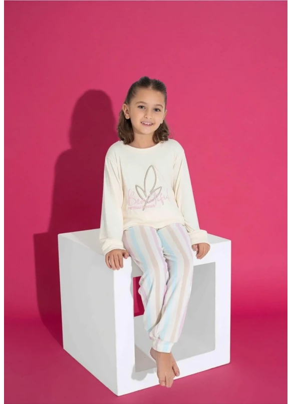 Ekru Çizgi Desen Çocuk Pijama Takımı