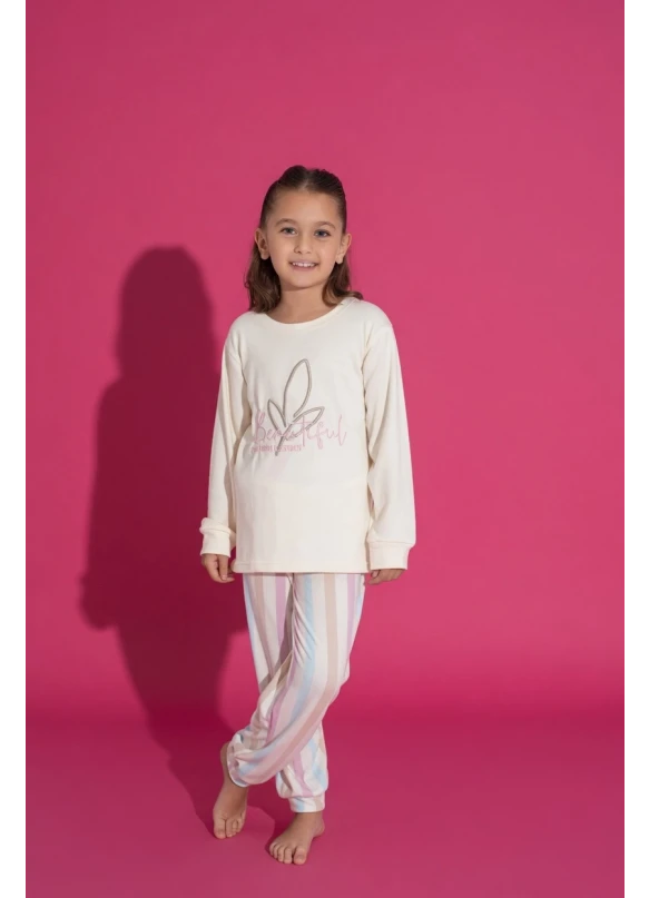 Ekru Çizgi Desen Çocuk Pijama Takımı