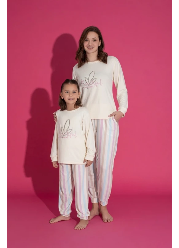Ekru Çizgi Desen Çocuk Pijama Takımı