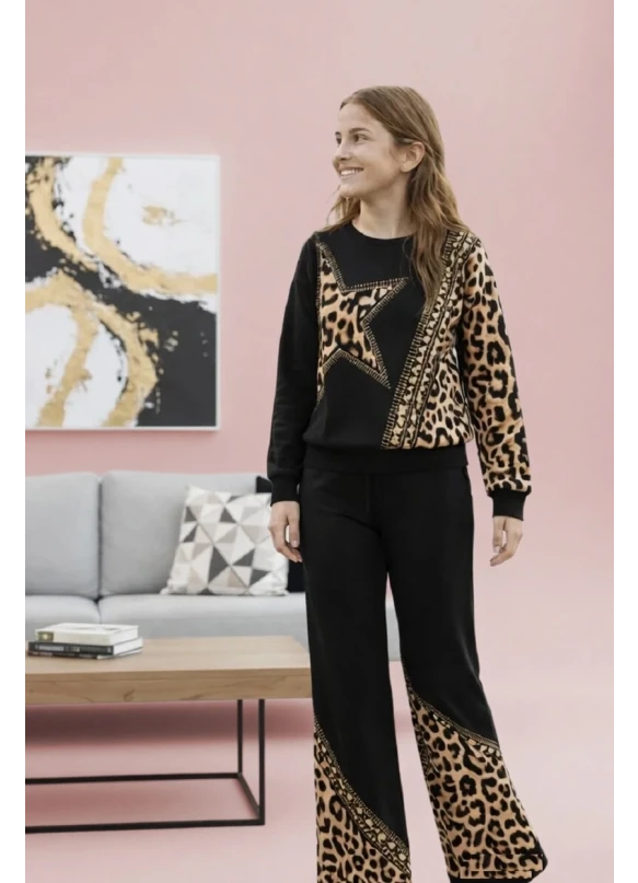 Kız Çocuk Yıldız Baskılı Leopar Desenli Takım