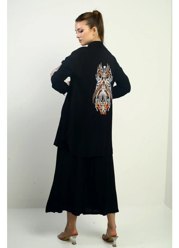 Nakışlı Oversize Pantolon Etek Gomleklı Takım Siyah