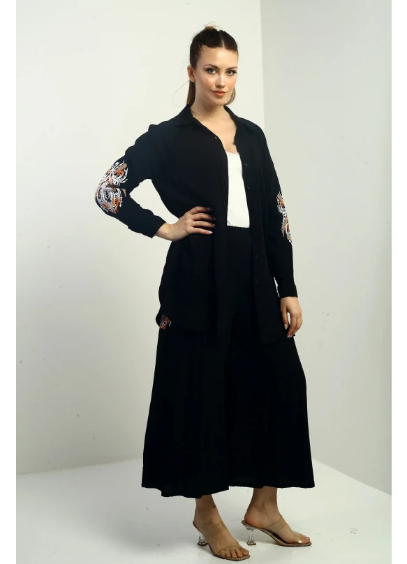 Nakışlı Oversize Pantolon Etek Gomleklı Takım Siyah