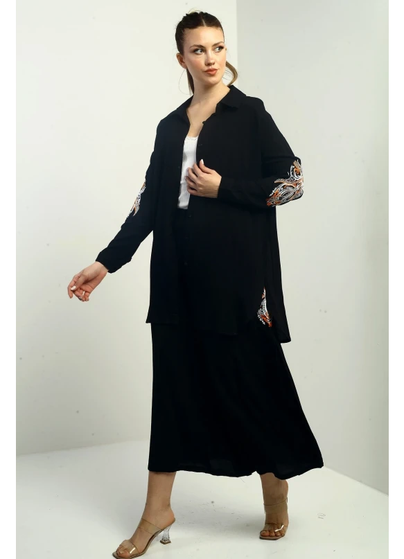 Nakışlı Oversize Pantolon Etek Gomleklı Takım Siyah