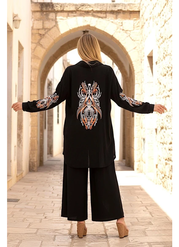 Nakışlı Oversize Pantolon Etek Gomleklı Takım Siyah