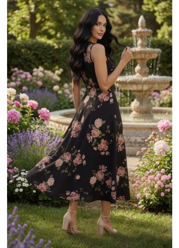 Sıfır Kol Çiçek Desen Krep Elbise