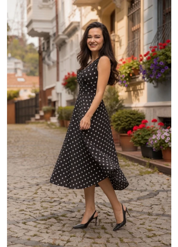 Sıfır Kol Puanlı Krep Elbise