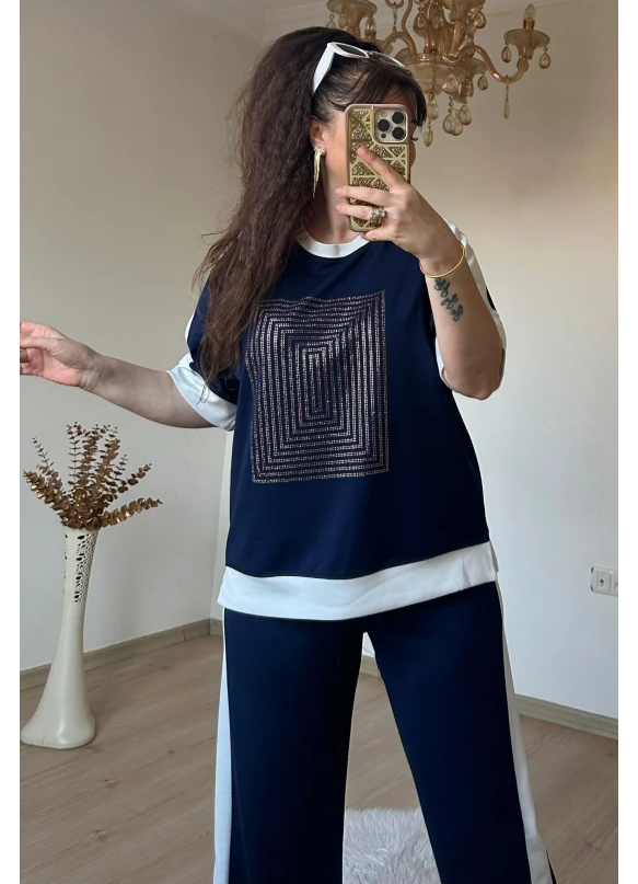 Kısa Kol Ön Kare Taşlı Takım Lacıvert