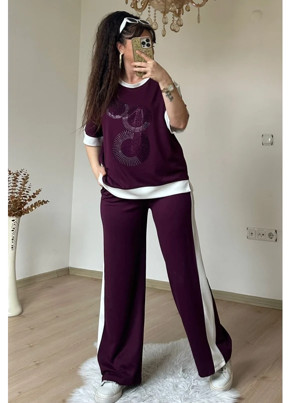 Ön Halka Taşlı Takım Bordo