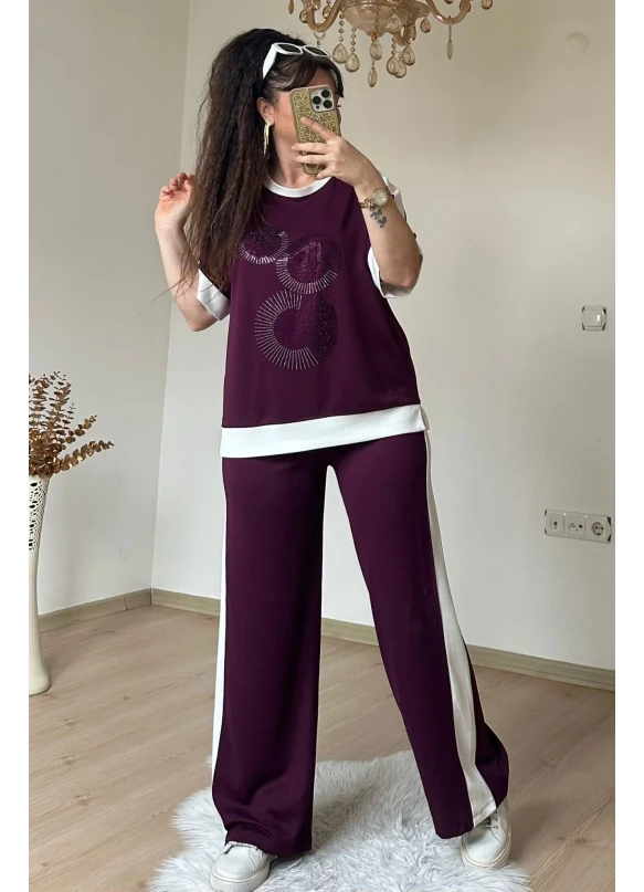 Ön Halka Taşlı Takım Bordo