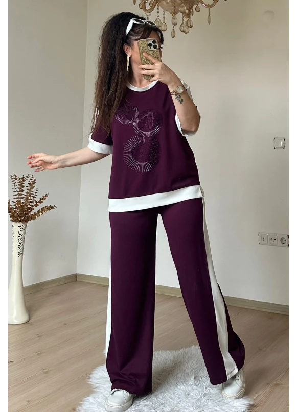 Ön Halka Taşlı Takım Bordo