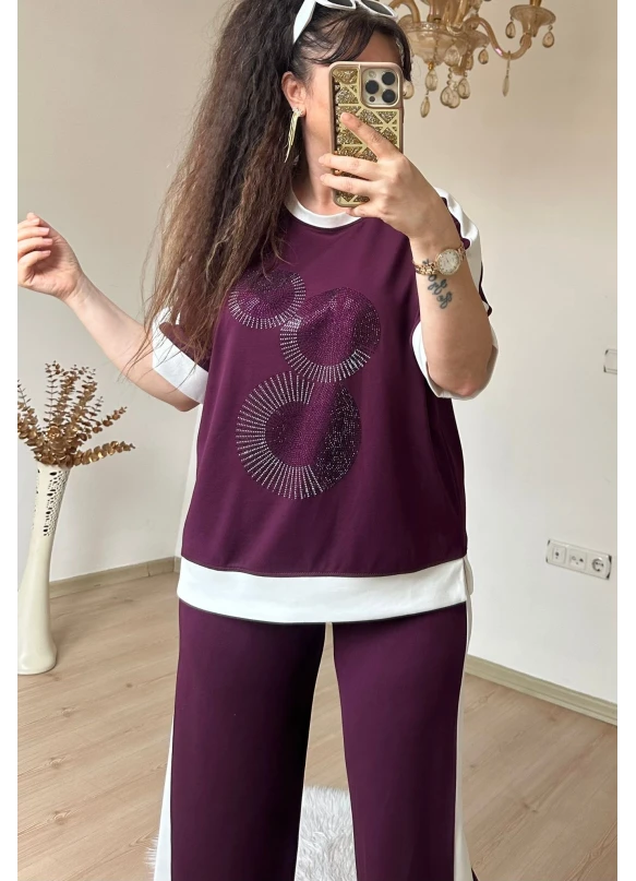 Ön Halka Taşlı Takım Bordo