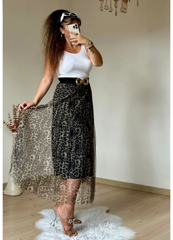 Açık Leopar Tül Etek