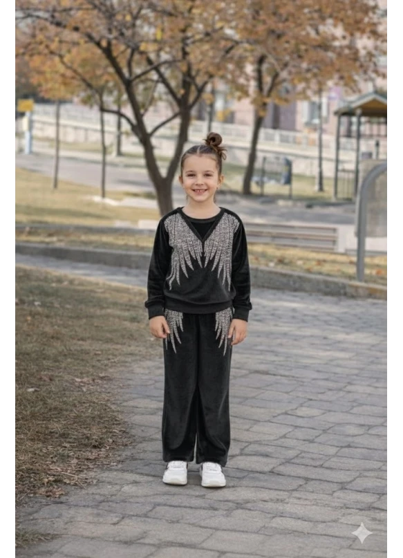 Angel Kadife Taşlı Takım Çocuk Siyah
