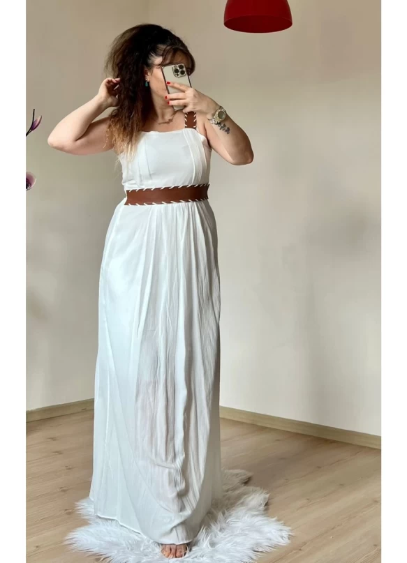 Askılı Deri Kemerli Elbise Beyaz
