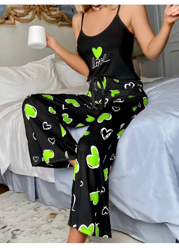Askılı Kalpli Pijama Takımı Yeşil