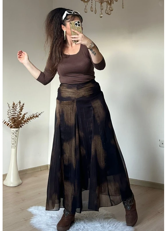 Bel Drapeli Şifon Simli Etek