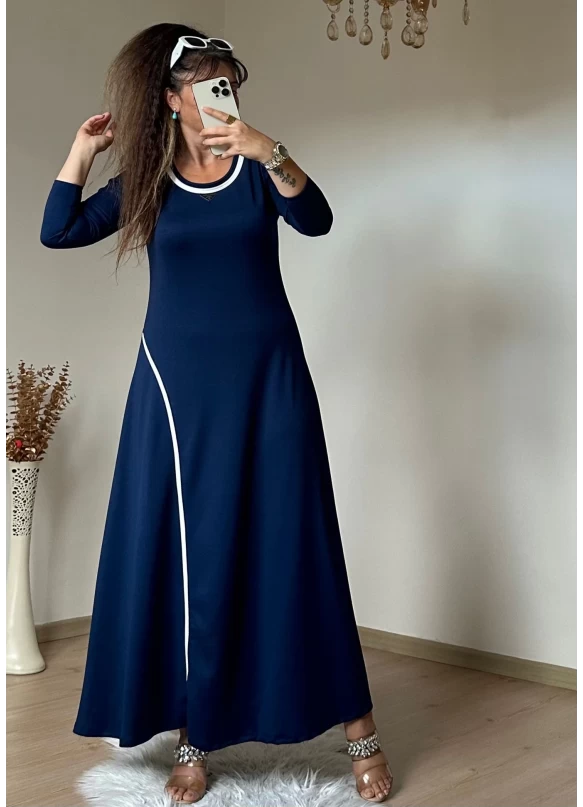 Beyaz Şerıtlı Elbise Lacivert