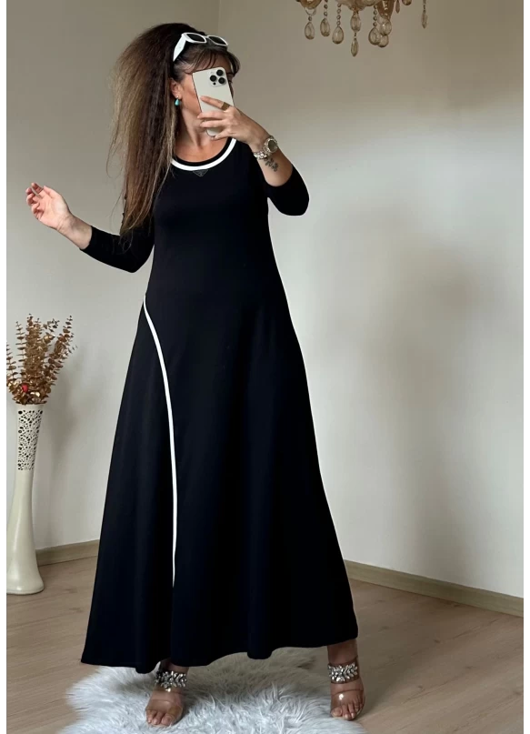 Beyaz Şerıtlı Elbise Siyah