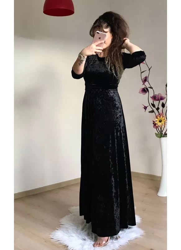 Bisiklet Yaka Kadife Elbise Siyah