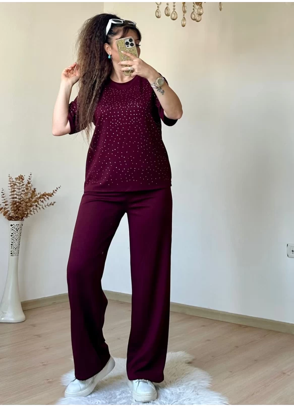 Bol Paça Taşlı Takım Bordo