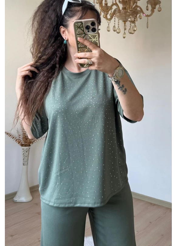 Bol Paça Taşlı Takım Haki