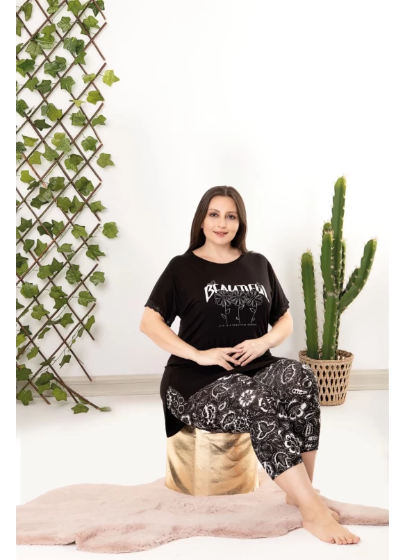 Büyük Beden Beautiful Yazılı Pijama Takımı