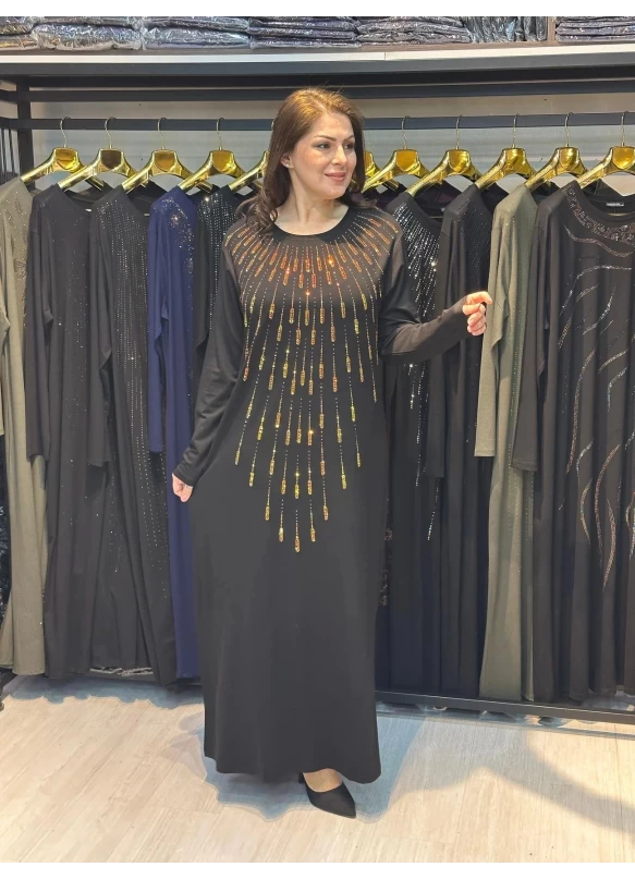 Büyük Beden Gold Taş İşlemeli Tam Boy Elbise