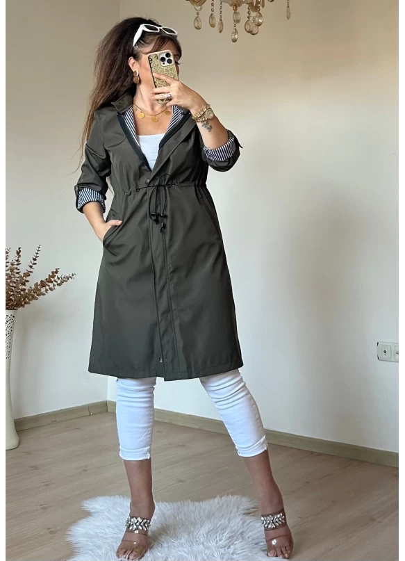 Çizgili Trençkot Haki