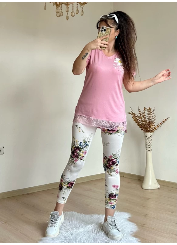 Dantel Detaylı Çiçekli Tayt Takım